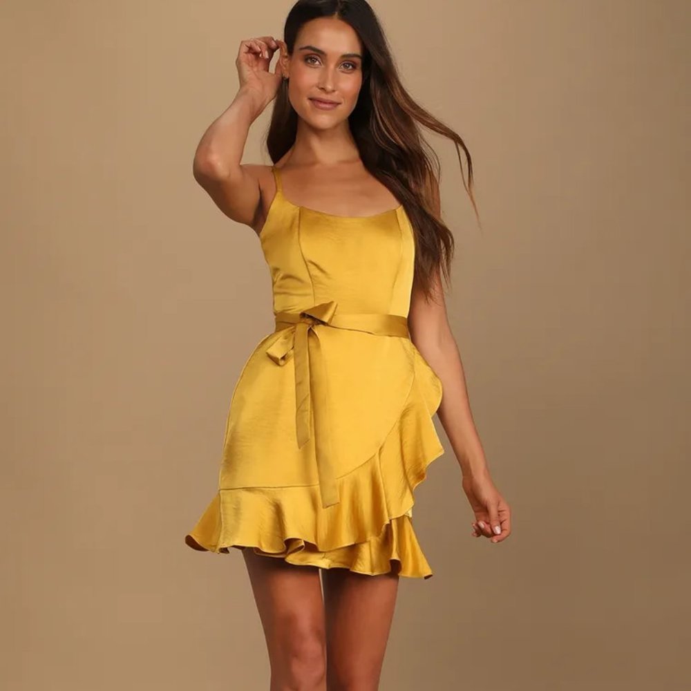 Lulu's Gold Satin Faux-Wrap Mini Dress